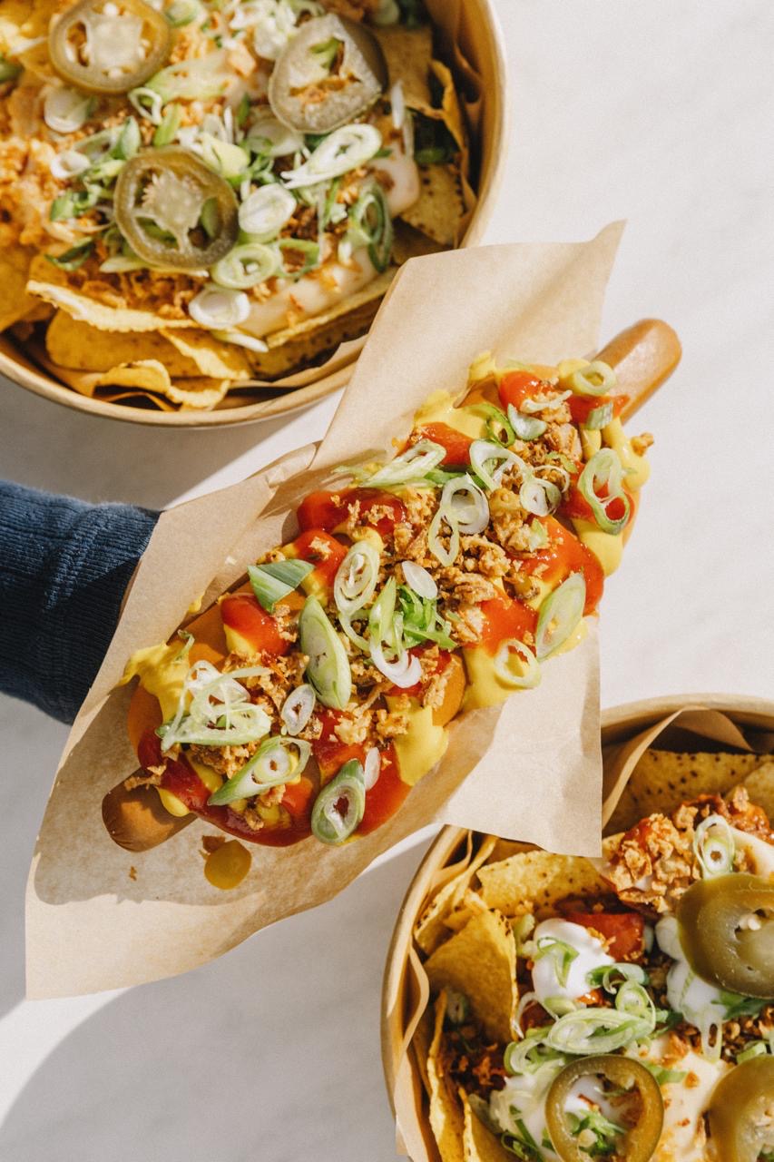 Loaded hot dog with nachos